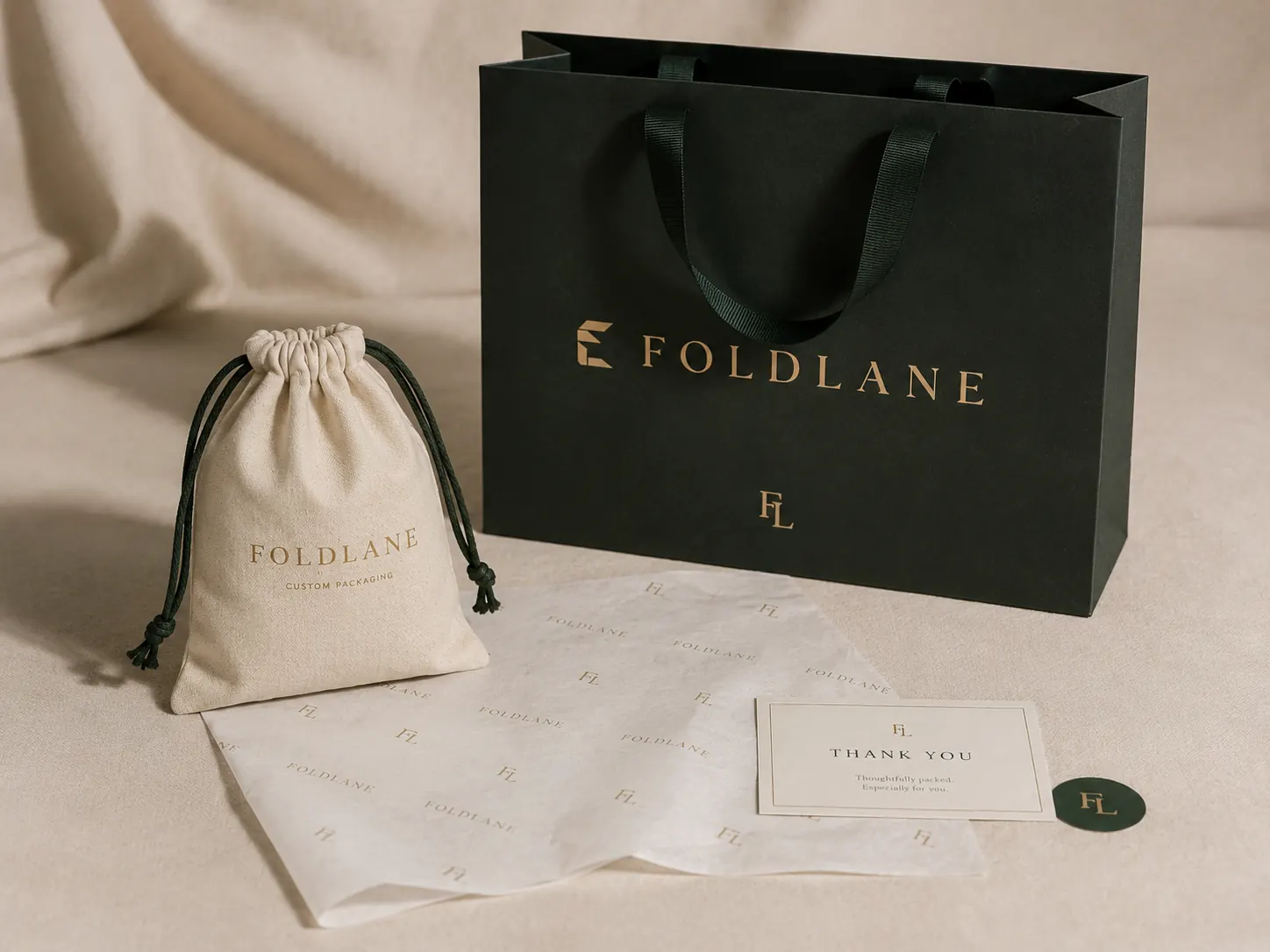 Structured Luxury lifestyle - shopping bag, drawstring pouch and tissue on fabric