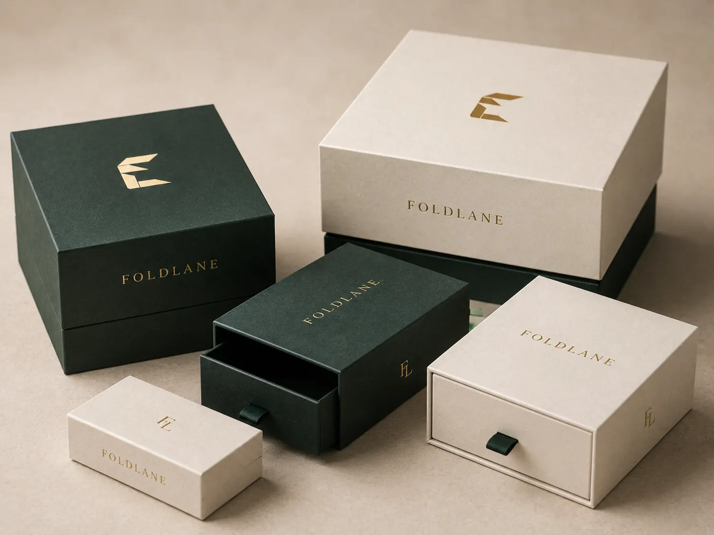 Structured Luxury box range - rigid and drawer-style boxes in forest green and cream