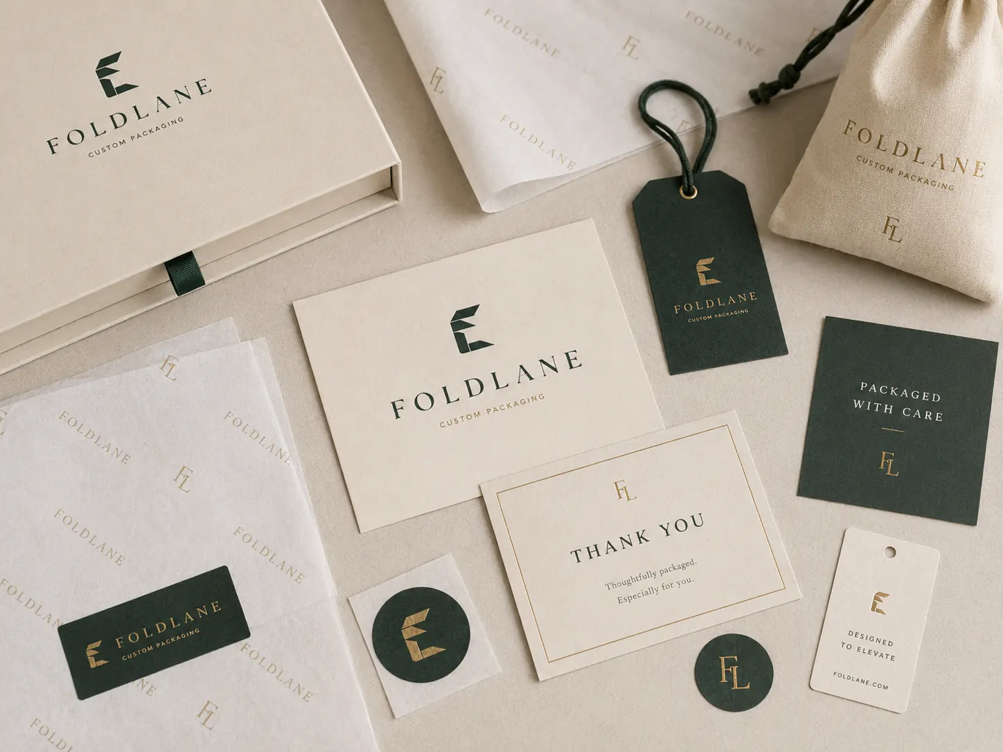 Structured Luxury complete system - full brand flat lay with all packaging components
