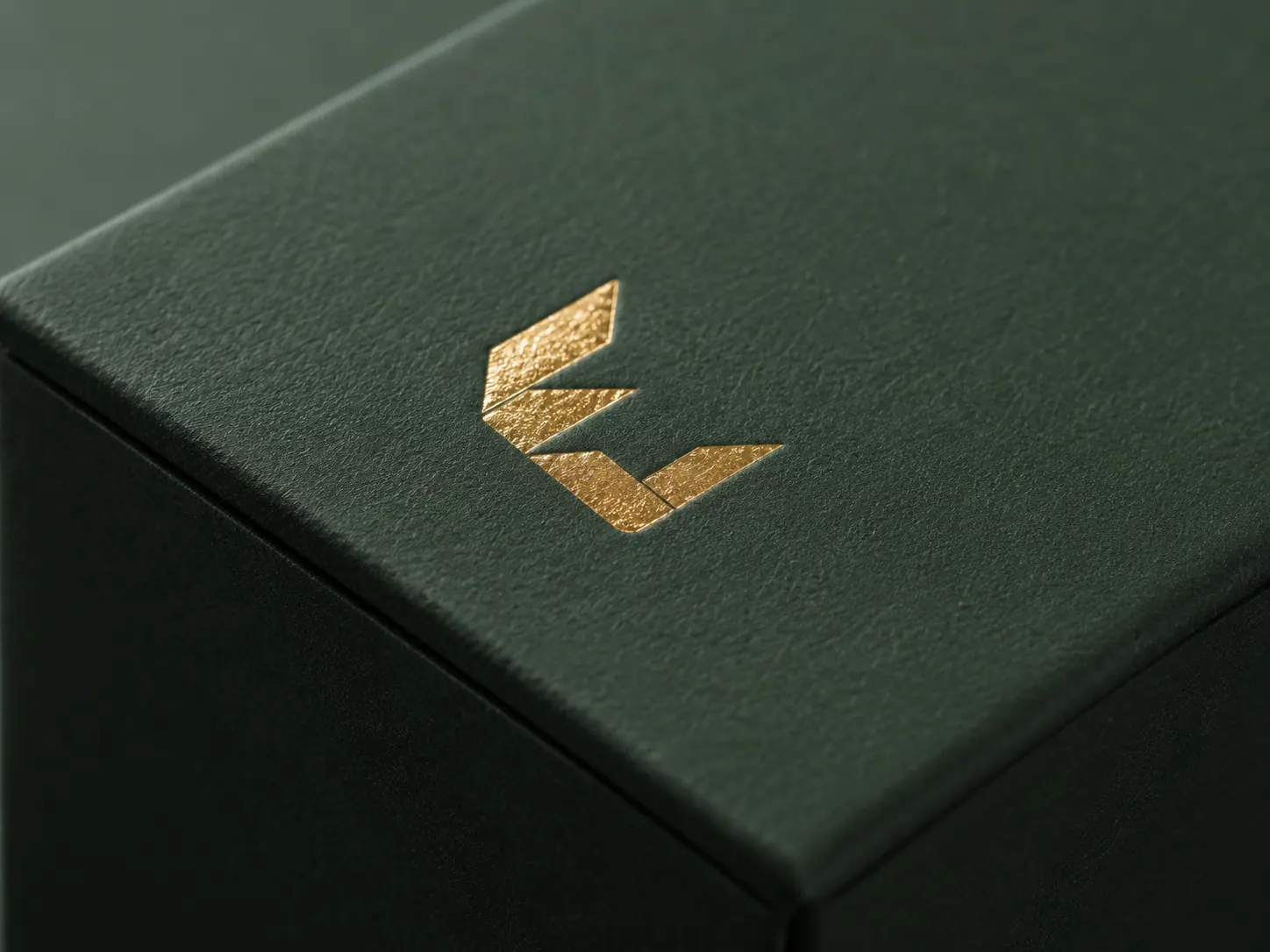 Structured Luxury material detail - gold foil logo close-up on dark textured rigid board