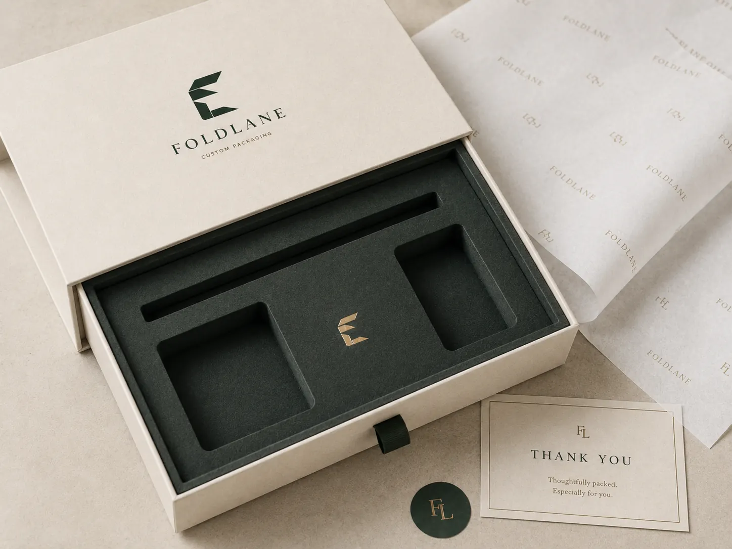 Inside the Structured Luxury system - open jewelry box with custom three-cavity black insert for rings and earrings