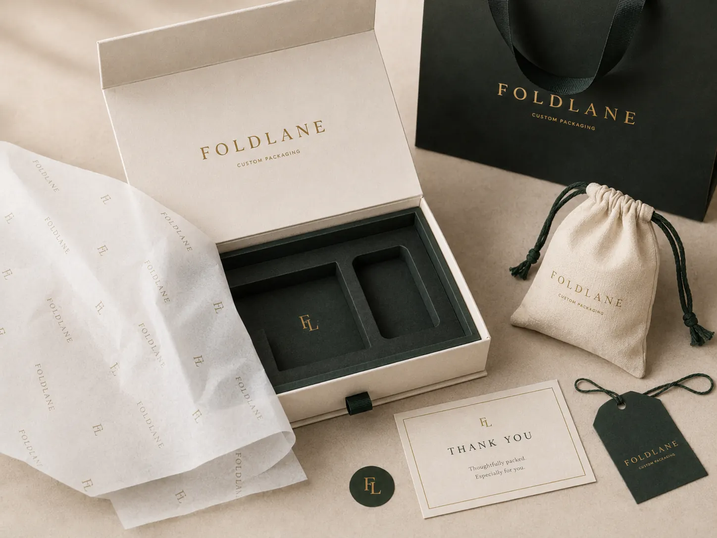 Structured Luxury unboxing - open magnetic box with fitted insert and full packaging suite