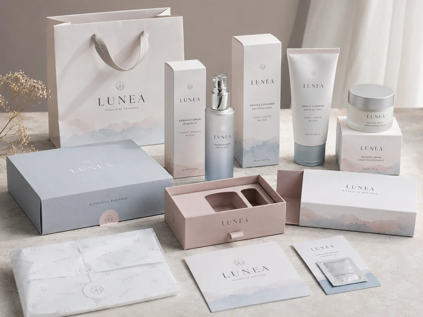 Beauty packaging system - cartons, pouches and branded details