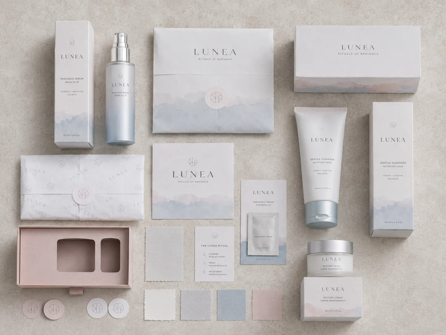 Soft Modern Ritual material samples - uncoated paper, matte print, soft-touch lamination and embossed details