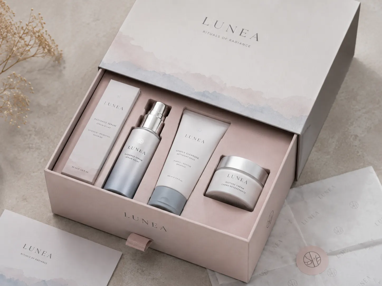 Detail of Soft Modern Ritual packaging system components - folding cartons, gift boxes, tissue paper and inserts