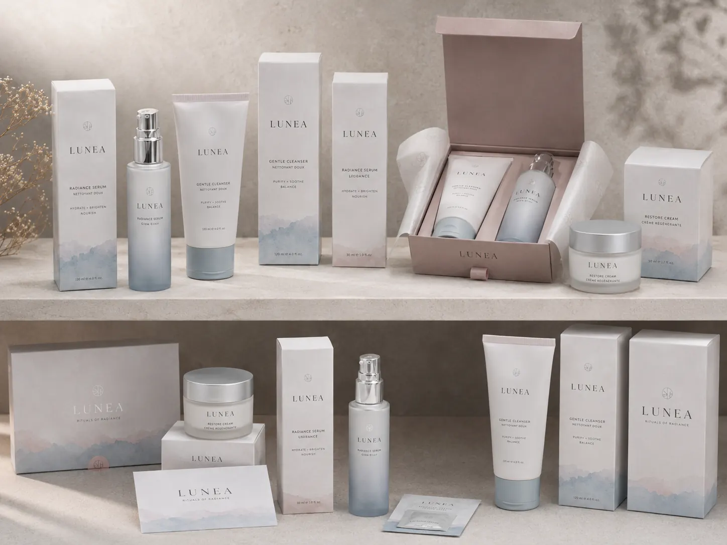 Flat lay view of complete Soft Modern Ritual packaging system - all components arranged together