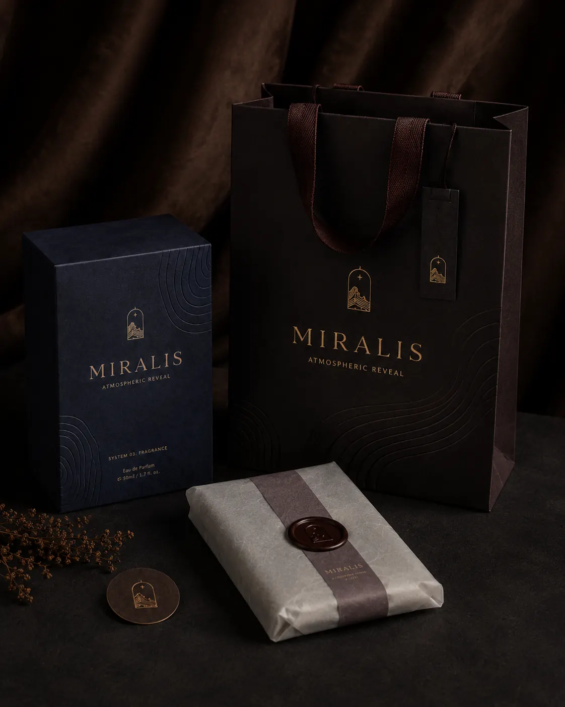 Gift-ready composition - complete Atmospheric Reveal packaging system with presentation box, shopping bag and branded collateral
