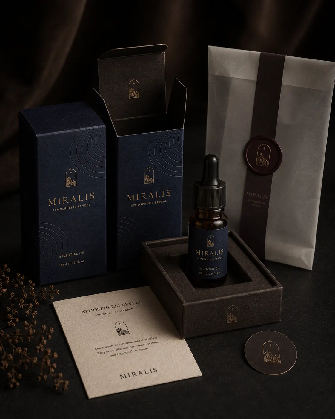 Atmospheric Reveal packaging system palette - navy presentation box, charcoal tray, branded tissue, information card, logo seal and shopping bag