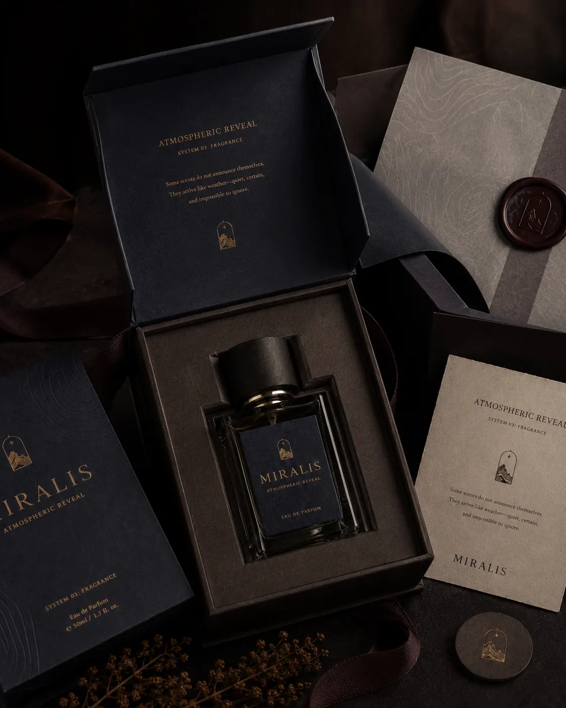 Open box unboxing moment - navy presentation box revealing charcoal tray, branded tissue and wax seal