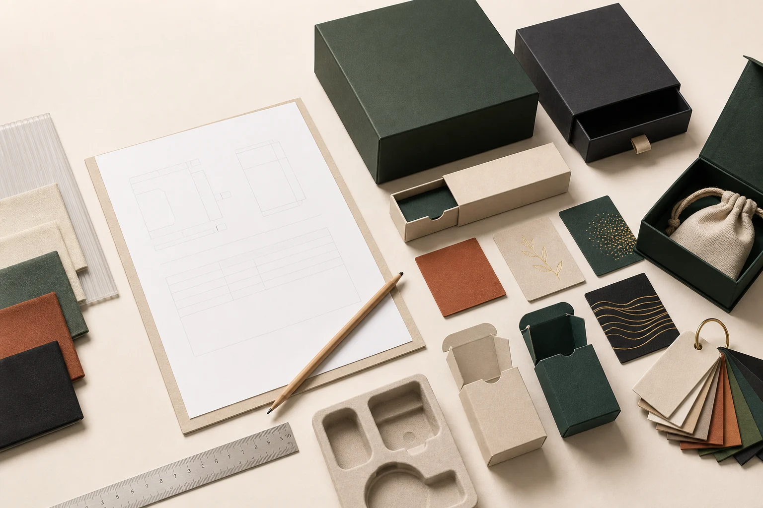 Custom packaging samples and material swatches arranged for project planning