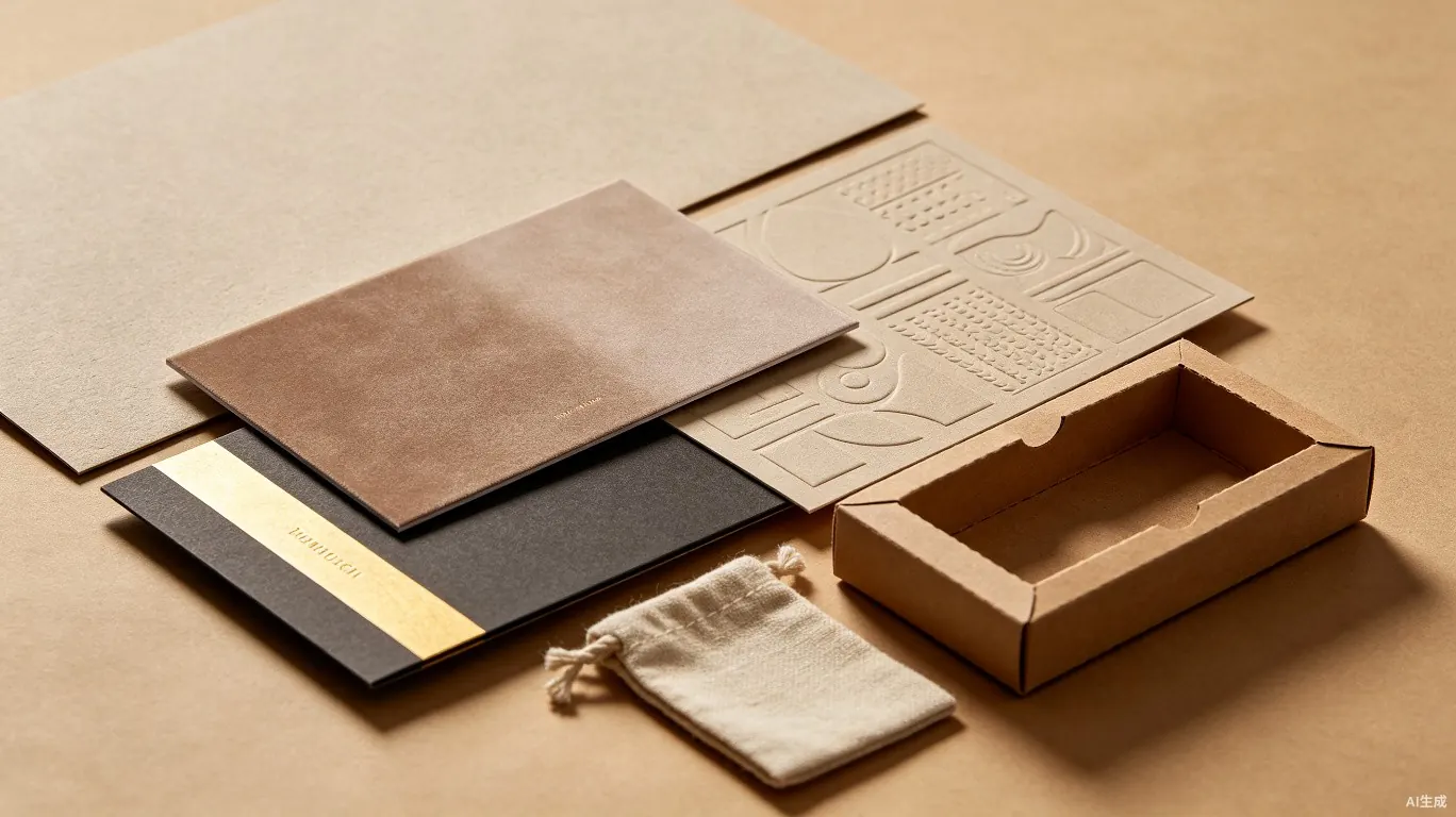 Tactile material board showing paper textures, foil stamping and embossing samples